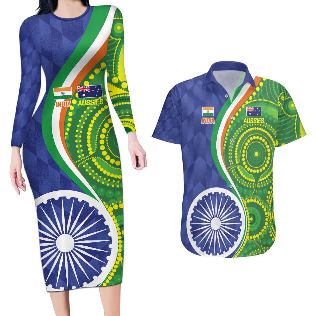 India Vs Australian Cricket Custom Couples Matching Long Sleeve Bodycon Dress and Hawaiian Shirt Ashoka Chakra and Aboriginal Together