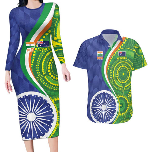 India Vs Australian Cricket Custom Couples Matching Long Sleeve Bodycon Dress and Hawaiian Shirt Ashoka Chakra and Aboriginal Together