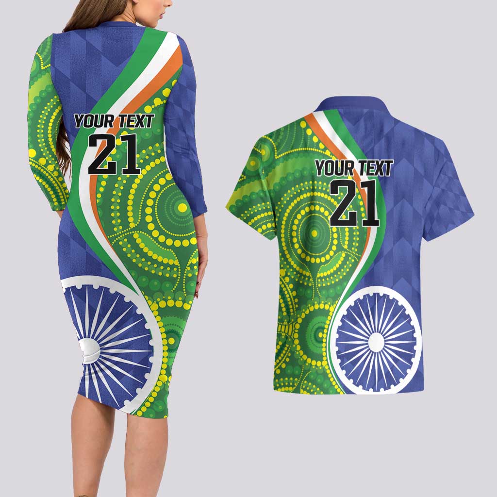 India Vs Australian Cricket Custom Couples Matching Long Sleeve Bodycon Dress and Hawaiian Shirt Ashoka Chakra and Aboriginal Together