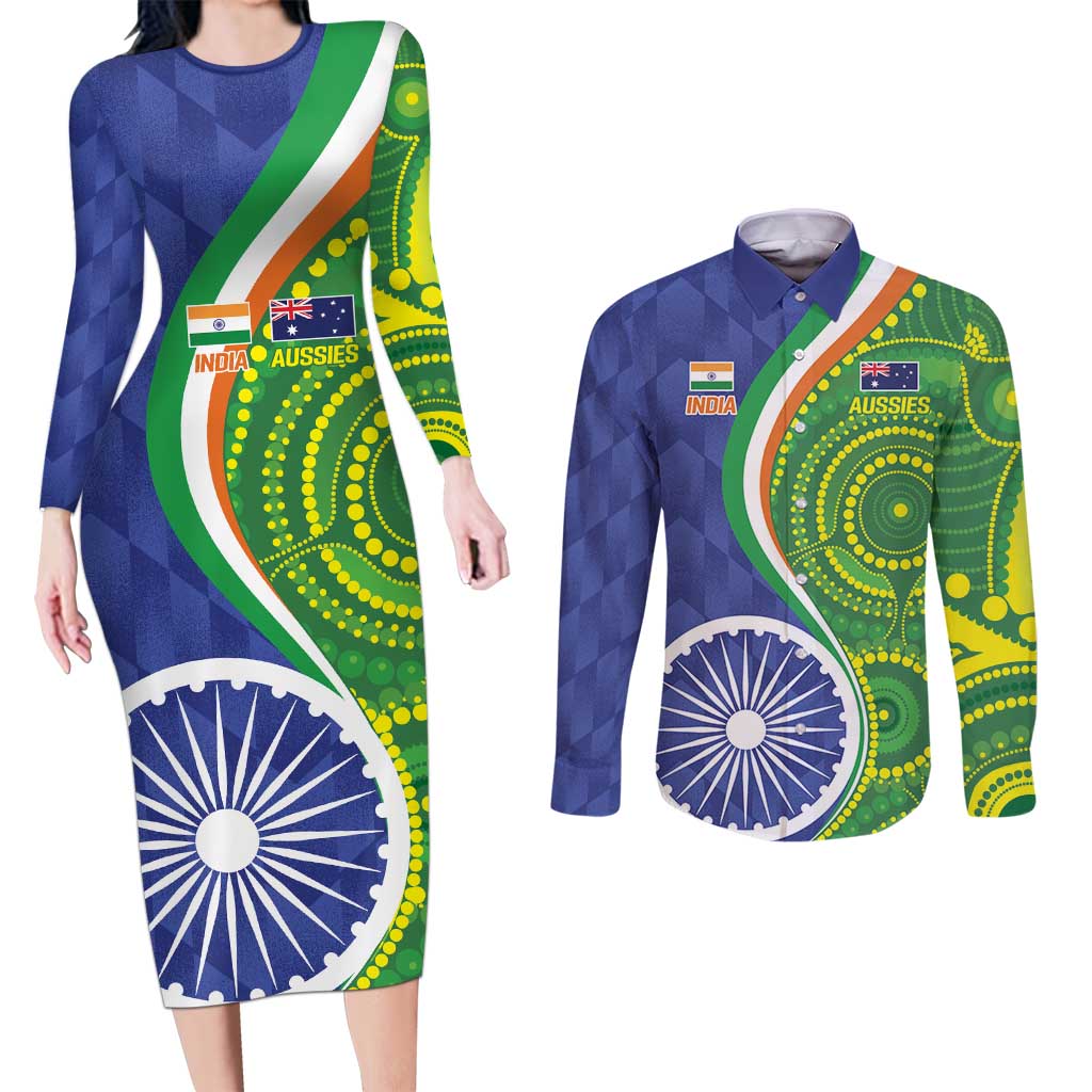 India Vs Australian Cricket Custom Couples Matching Long Sleeve Bodycon Dress and Long Sleeve Button Shirt Ashoka Chakra and Aboriginal Together