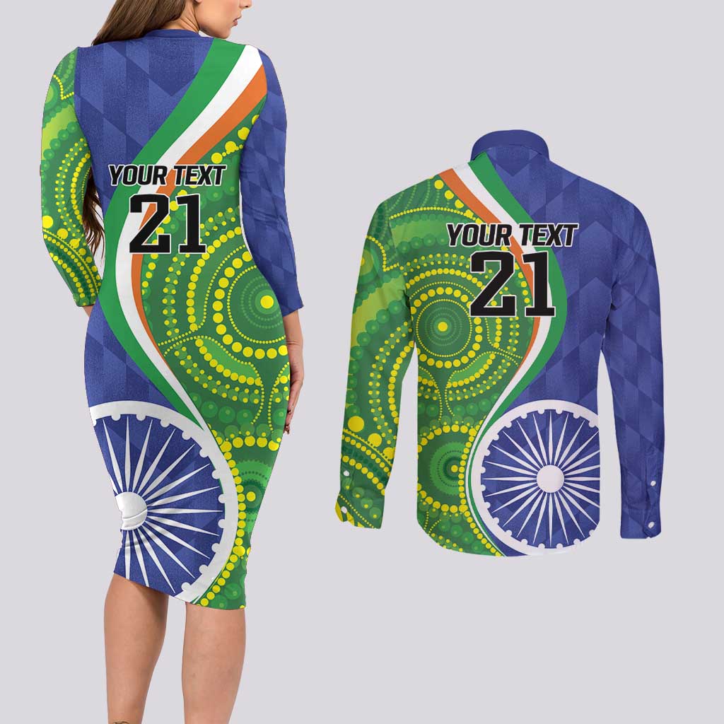 India Vs Australian Cricket Custom Couples Matching Long Sleeve Bodycon Dress and Long Sleeve Button Shirt Ashoka Chakra and Aboriginal Together