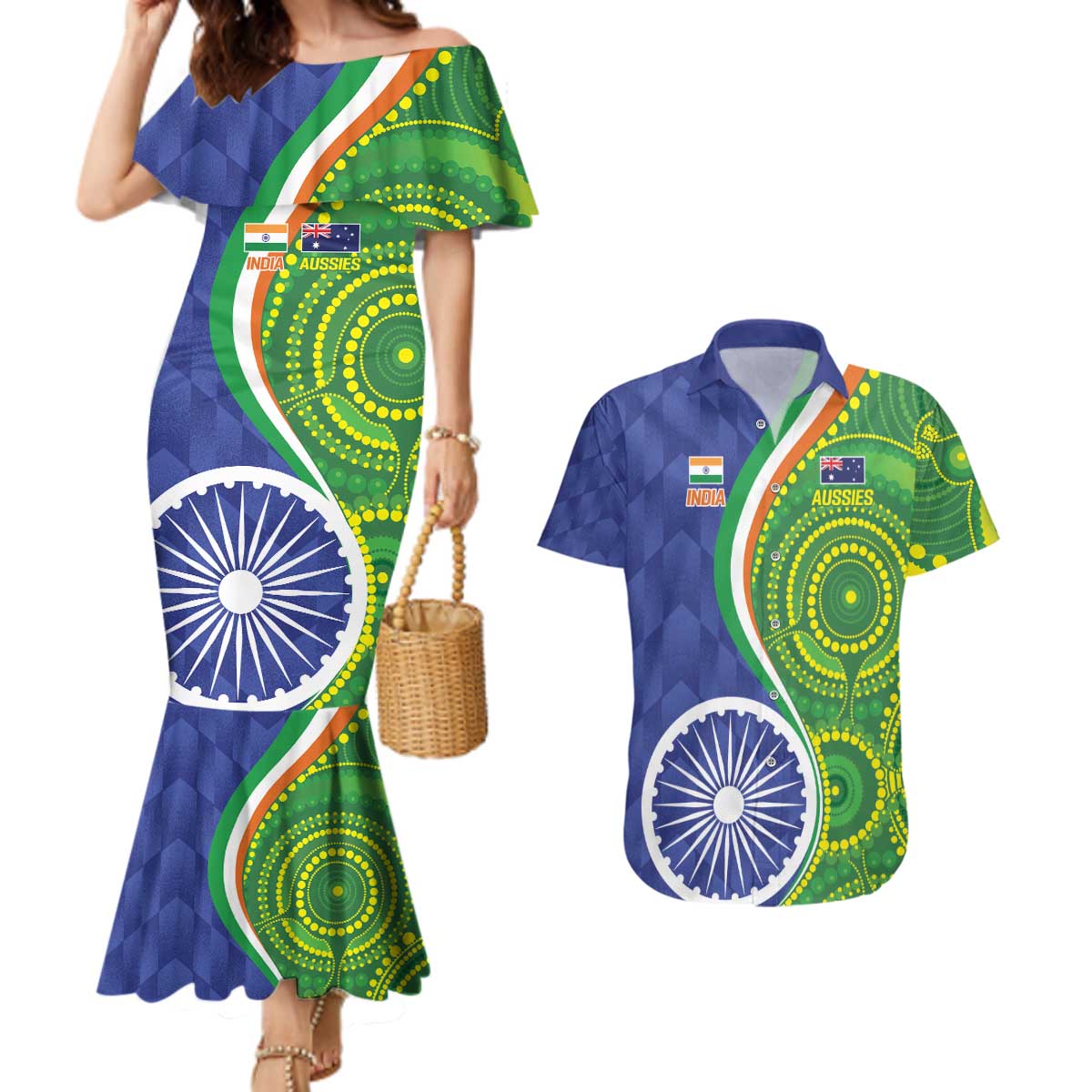 India Vs Australian Cricket Custom Couples Matching Mermaid Dress and Hawaiian Shirt Ashoka Chakra and Aboriginal Together