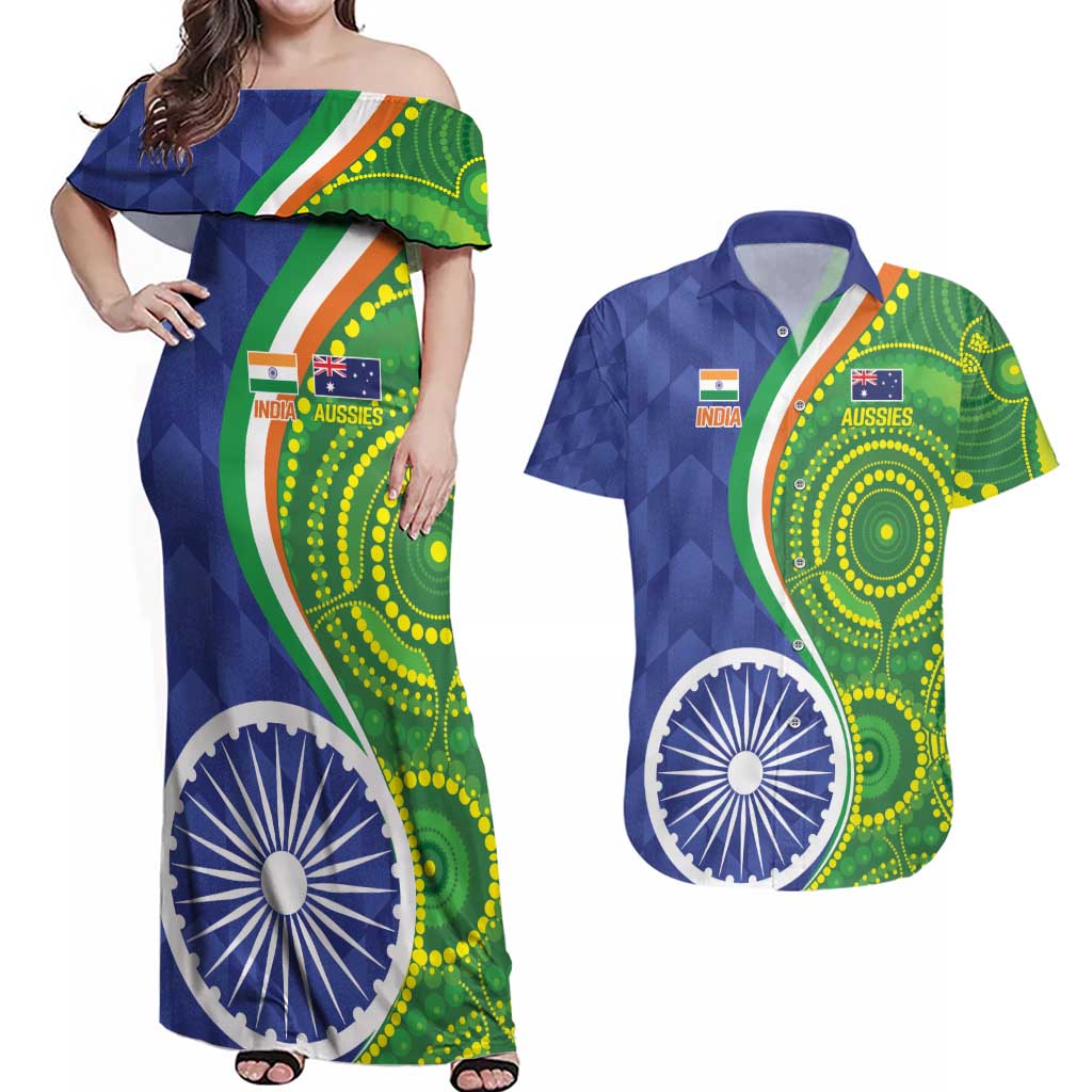 India Vs Australian Cricket Custom Couples Matching Off Shoulder Maxi Dress and Hawaiian Shirt Ashoka Chakra and Aboriginal Together