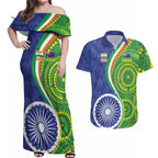 India Vs Australian Cricket Custom Couples Matching Off Shoulder Maxi Dress and Hawaiian Shirt Ashoka Chakra and Aboriginal Together