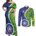 India Vs Australian Cricket Custom Couples Matching Off Shoulder Maxi Dress and Long Sleeve Button Shirt Ashoka Chakra and Aboriginal Together