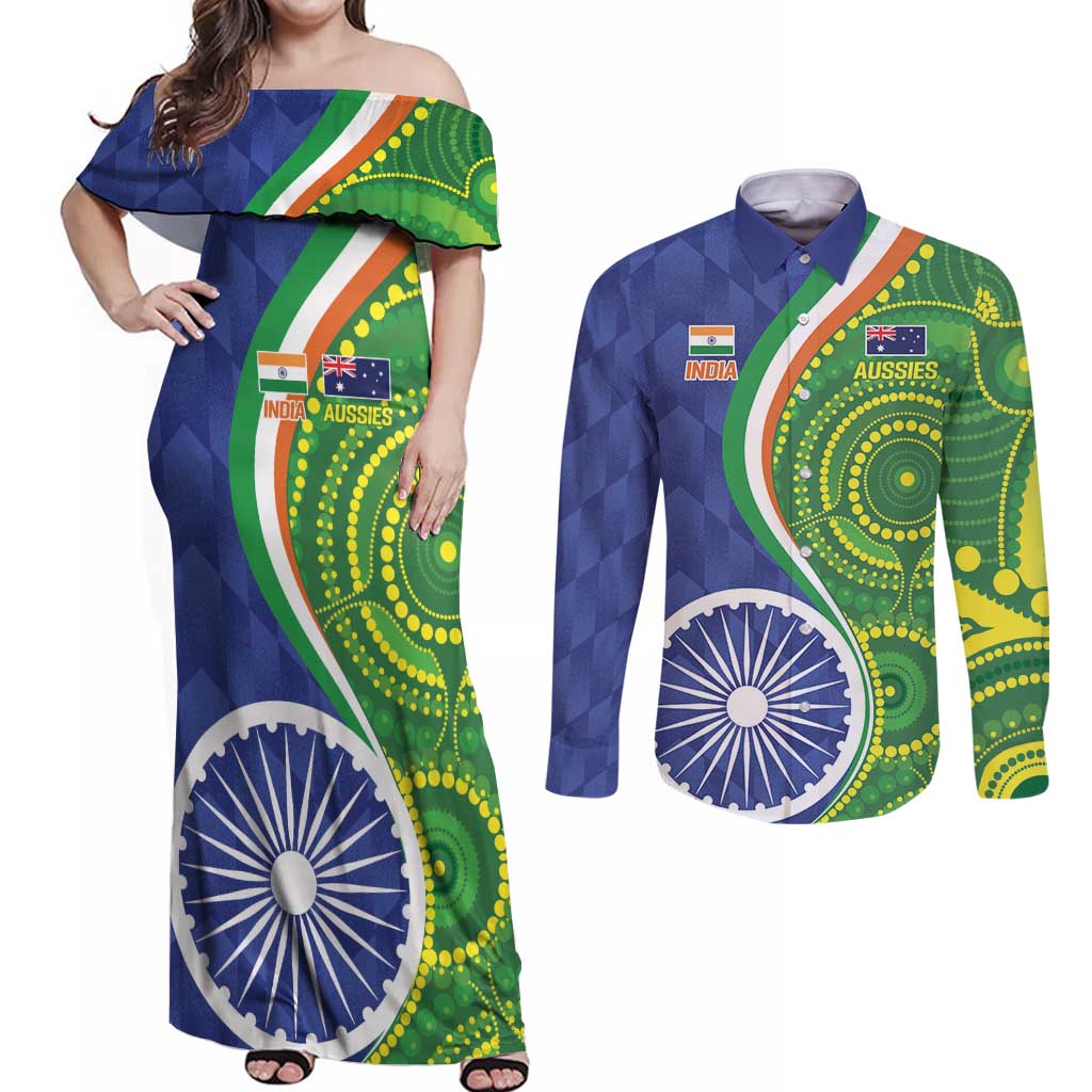 India Vs Australian Cricket Custom Couples Matching Off Shoulder Maxi Dress and Long Sleeve Button Shirt Ashoka Chakra and Aboriginal Together