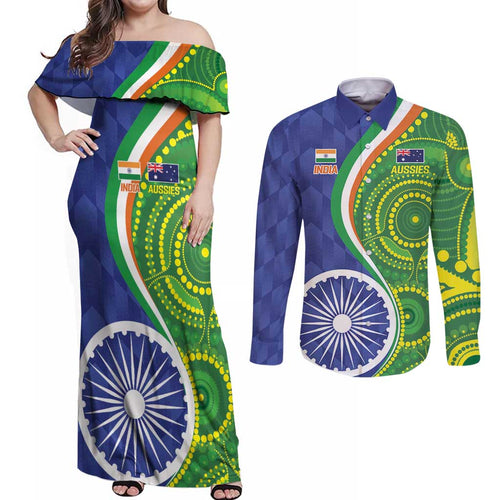 India Vs Australian Cricket Custom Couples Matching Off Shoulder Maxi Dress and Long Sleeve Button Shirt Ashoka Chakra and Aboriginal Together