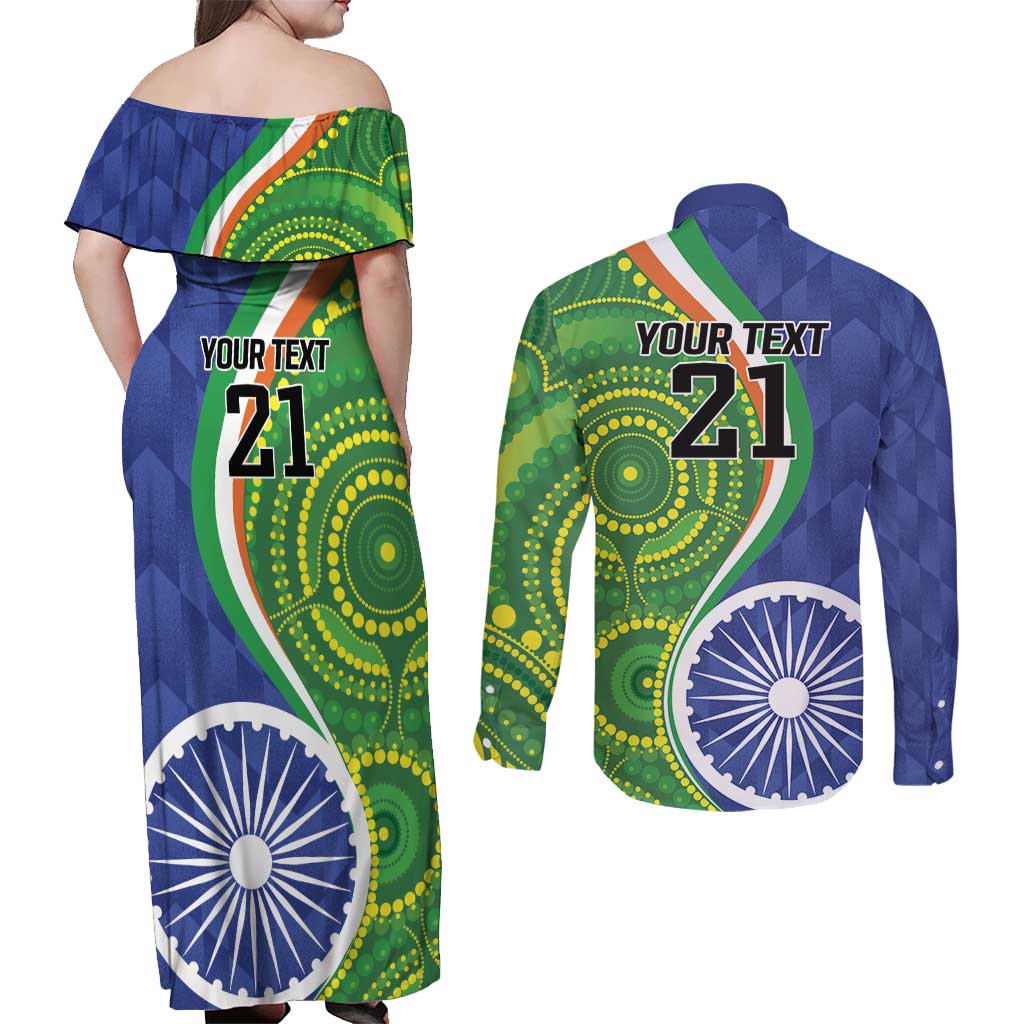 India Vs Australian Cricket Custom Couples Matching Off Shoulder Maxi Dress and Long Sleeve Button Shirt Ashoka Chakra and Aboriginal Together