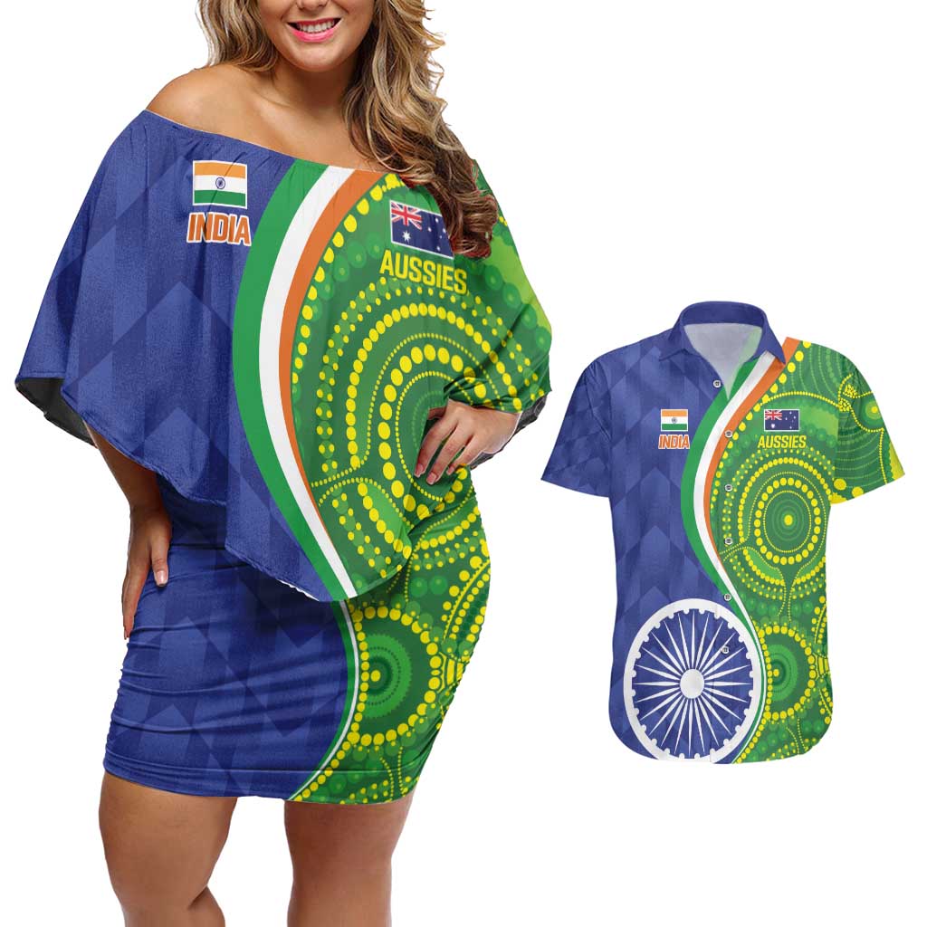 India Vs Australian Cricket Custom Couples Matching Off Shoulder Short Dress and Hawaiian Shirt Ashoka Chakra and Aboriginal Together