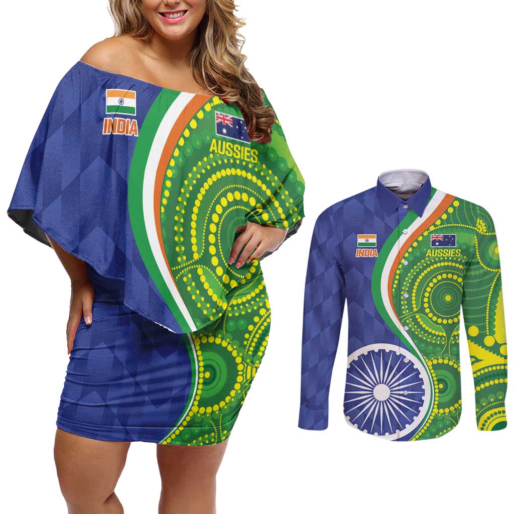 India Vs Australian Cricket Custom Couples Matching Off Shoulder Short Dress and Long Sleeve Button Shirt Ashoka Chakra and Aboriginal Together