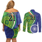 India Vs Australian Cricket Custom Couples Matching Off Shoulder Short Dress and Long Sleeve Button Shirt Ashoka Chakra and Aboriginal Together
