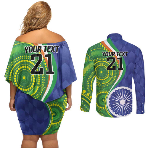 India Vs Australian Cricket Custom Couples Matching Off Shoulder Short Dress and Long Sleeve Button Shirt Ashoka Chakra and Aboriginal Together