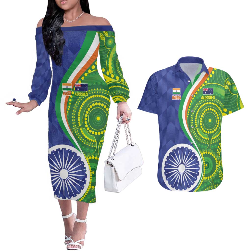 India Vs Australian Cricket Custom Couples Matching Off The Shoulder Long Sleeve Dress and Hawaiian Shirt Ashoka Chakra and Aboriginal Together