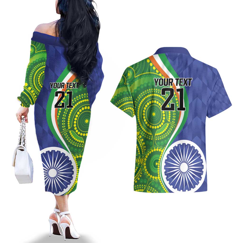 India Vs Australian Cricket Custom Couples Matching Off The Shoulder Long Sleeve Dress and Hawaiian Shirt Ashoka Chakra and Aboriginal Together