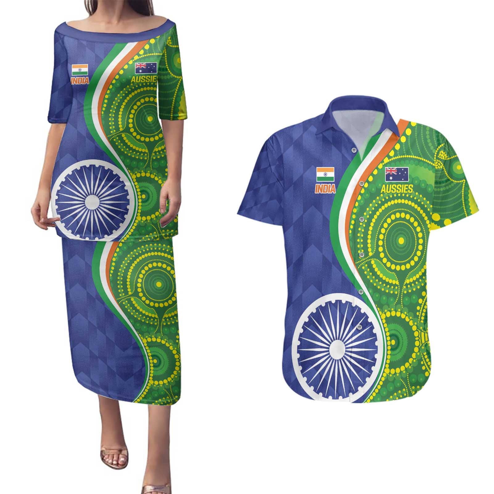 India Vs Australian Cricket Custom Couples Matching Puletasi and Hawaiian Shirt Ashoka Chakra and Aboriginal Together