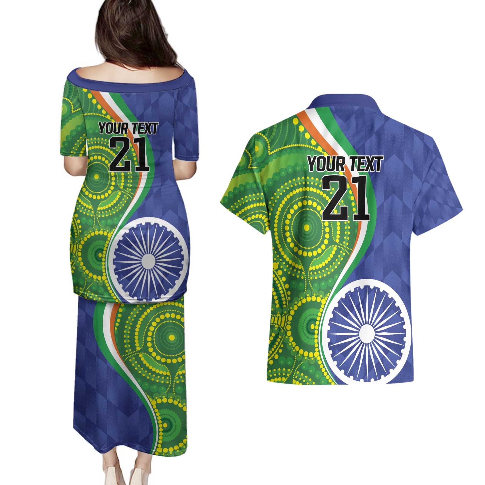 India Vs Australian Cricket Custom Couples Matching Puletasi and Hawaiian Shirt Ashoka Chakra and Aboriginal Together