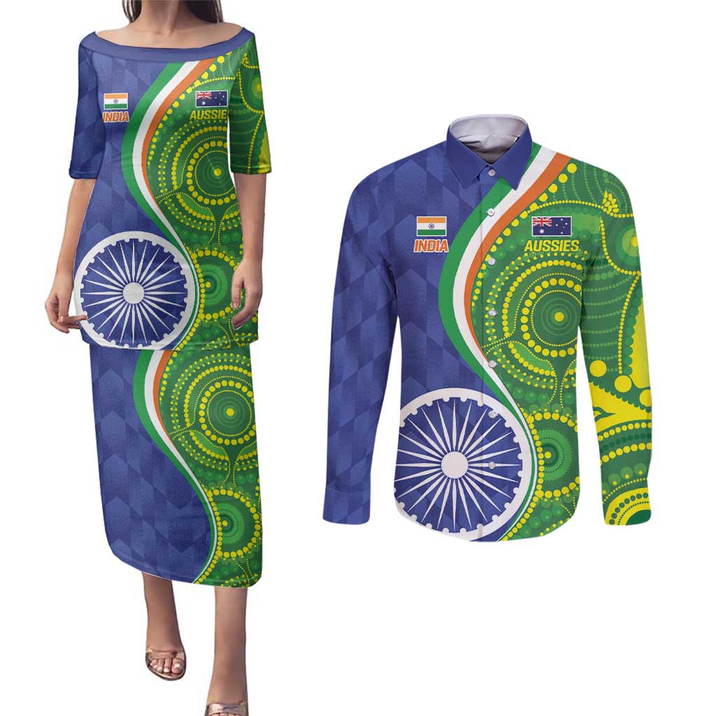 India Vs Australian Cricket Custom Couples Matching Puletasi and Long Sleeve Button Shirt Ashoka Chakra and Aboriginal Together