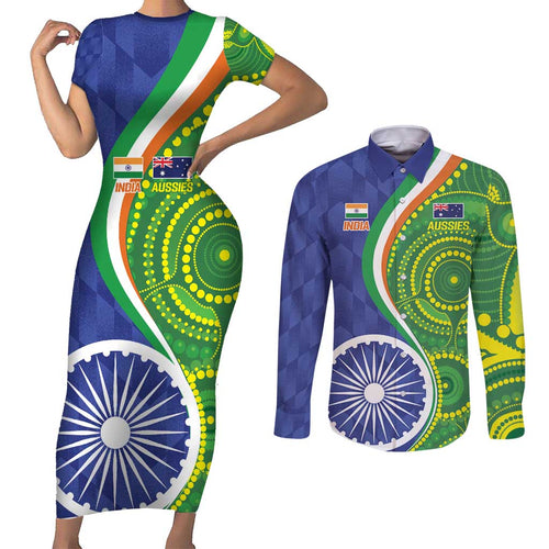 India Vs Australian Cricket Custom Couples Matching Short Sleeve Bodycon Dress and Long Sleeve Button Shirt Ashoka Chakra and Aboriginal Together