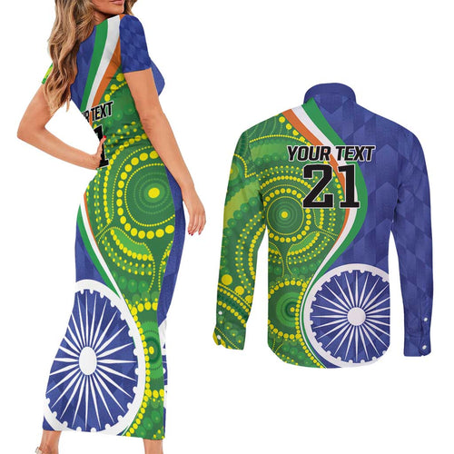India Vs Australian Cricket Custom Couples Matching Short Sleeve Bodycon Dress and Long Sleeve Button Shirt Ashoka Chakra and Aboriginal Together