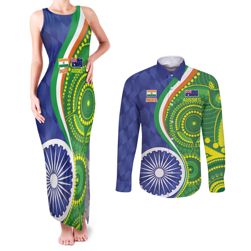 India Vs Australian Cricket Custom Couples Matching Tank Maxi Dress and Long Sleeve Button Shirt Ashoka Chakra and Aboriginal Together