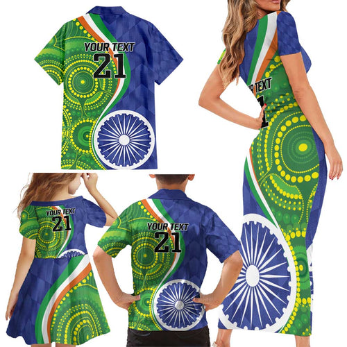 India Vs Australian Cricket Custom Family Matching Short Sleeve Bodycon Dress and Hawaiian Shirt Ashoka Chakra and Aboriginal Together