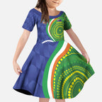 India Vs Australian Cricket Custom Kid Short Sleeve Dress Ashoka Chakra and Aboriginal Together