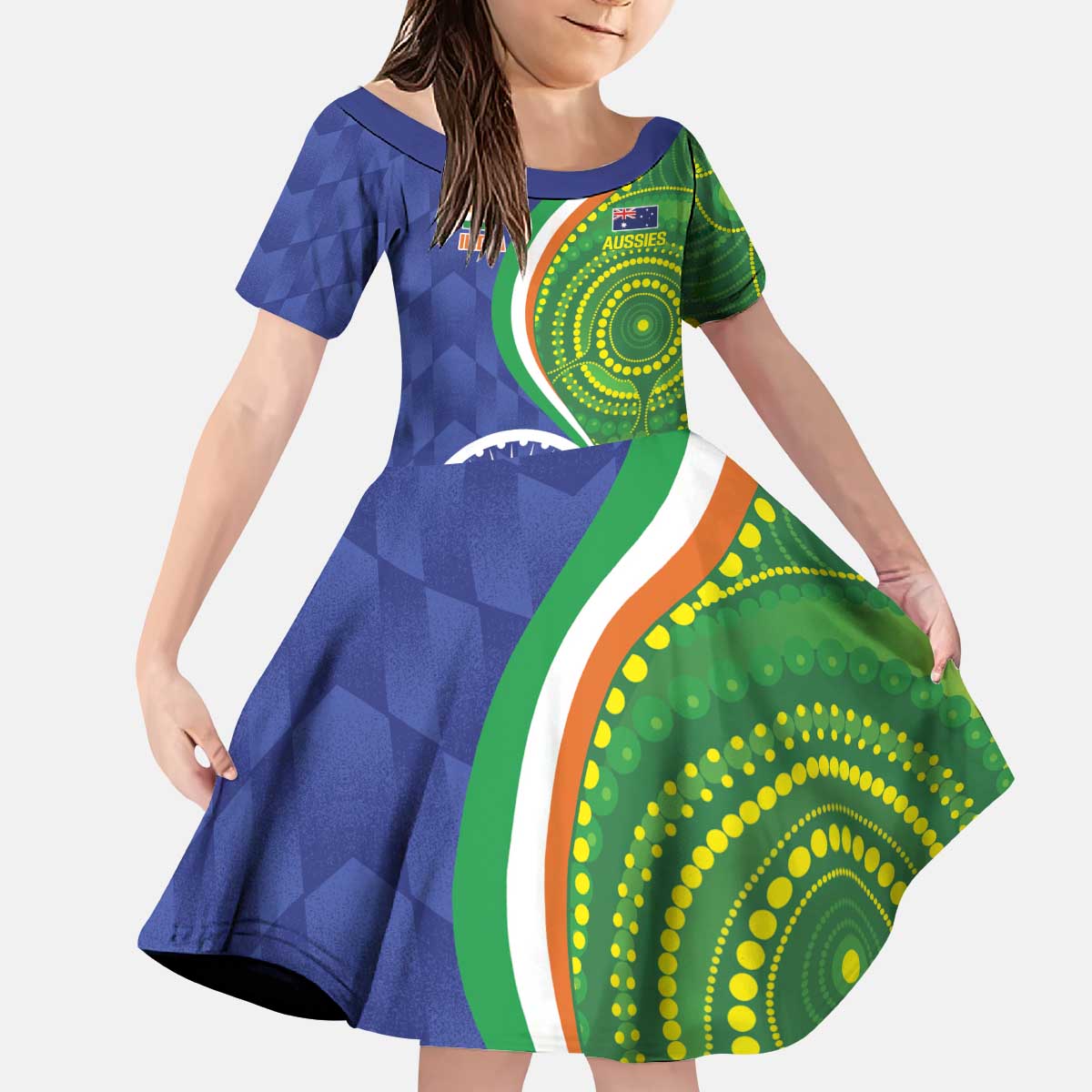 India Vs Australian Cricket Custom Kid Short Sleeve Dress Ashoka Chakra and Aboriginal Together