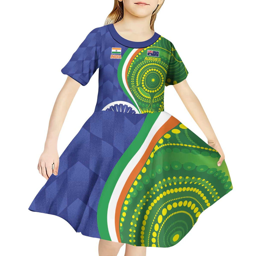 India Vs Australian Cricket Custom Kid Short Sleeve Dress Ashoka Chakra and Aboriginal Together