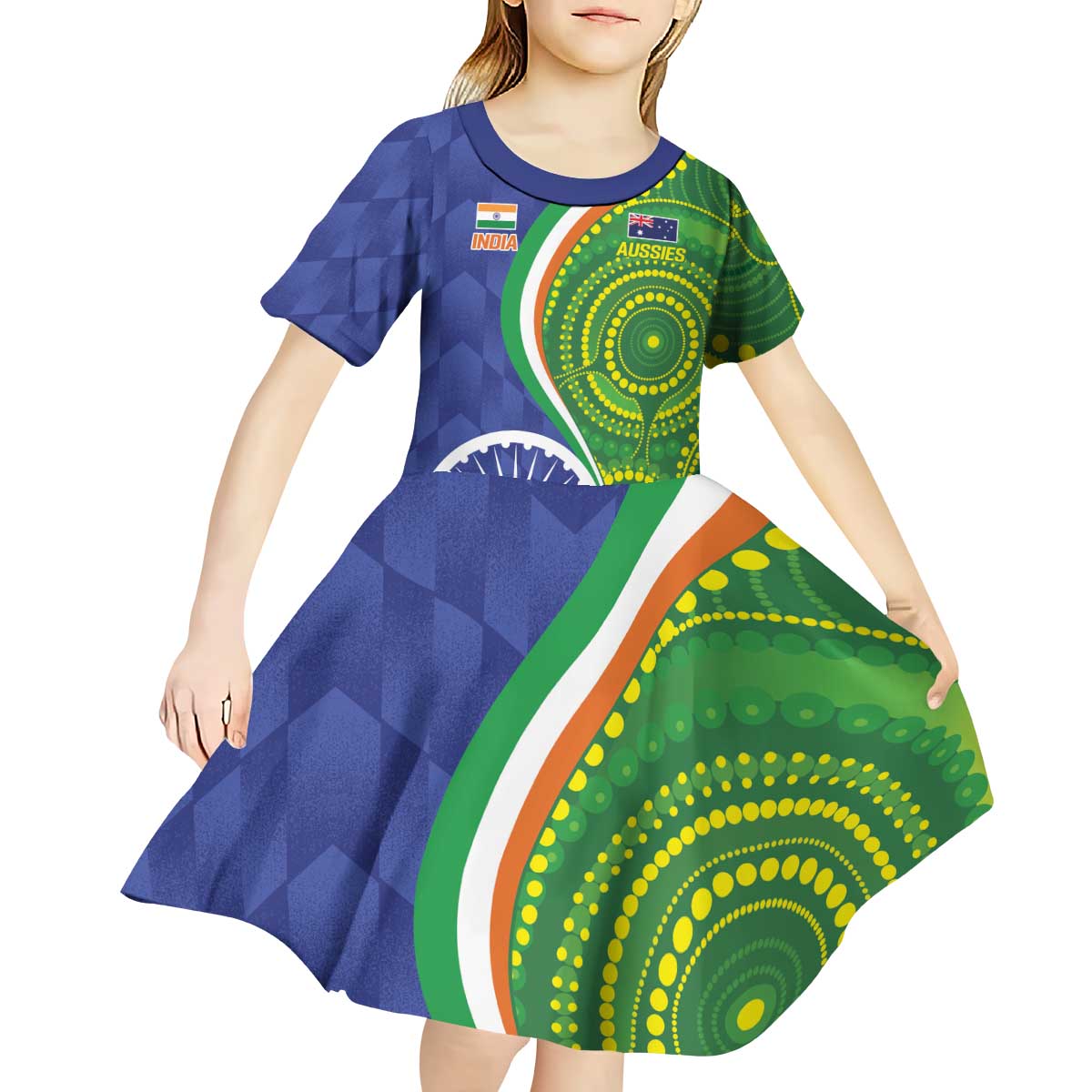 India Vs Australian Cricket Custom Kid Short Sleeve Dress Ashoka Chakra and Aboriginal Together