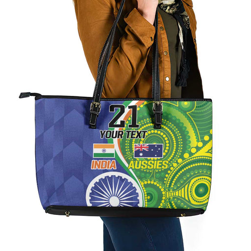 India Vs Australian Cricket Custom Leather Tote Bag Ashoka Chakra and Aboriginal Together