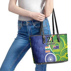 India Vs Australian Cricket Custom Leather Tote Bag Ashoka Chakra and Aboriginal Together