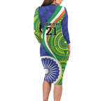 India Vs Australian Cricket Custom Long Sleeve Bodycon Dress Ashoka Chakra and Aboriginal Together