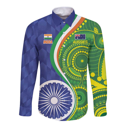 India Vs Australian Cricket Custom Long Sleeve Button Shirt Ashoka Chakra and Aboriginal Together