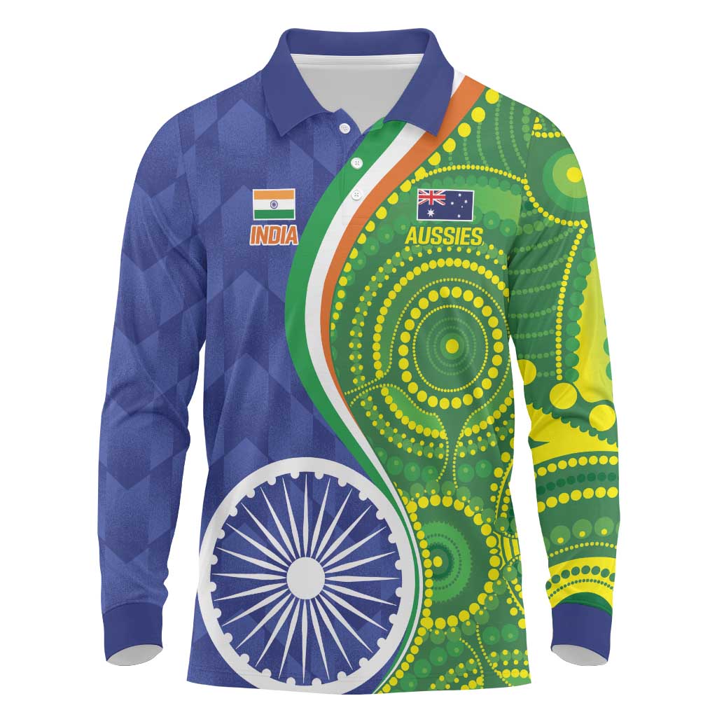 India Vs Australian Cricket Custom Long Sleeve Polo Shirt Ashoka Chakra and Aboriginal Together