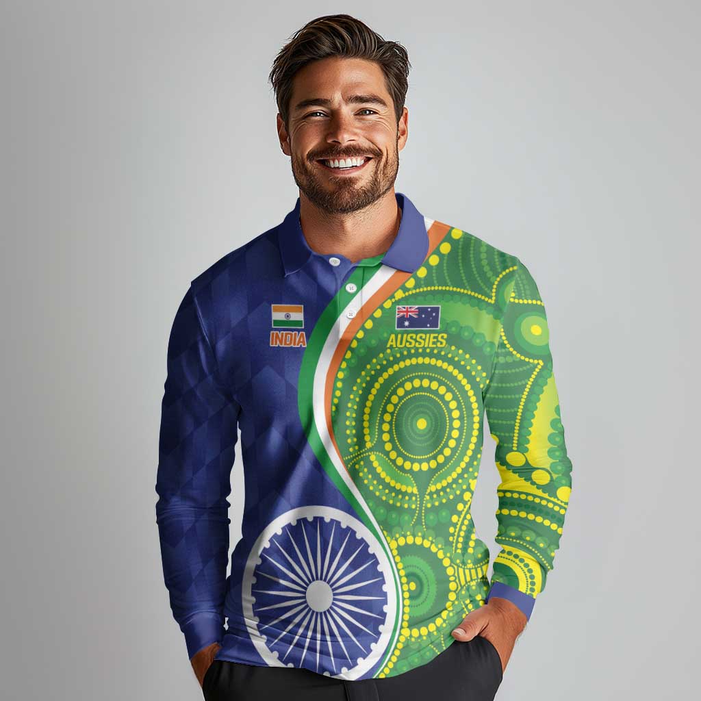 India Vs Australian Cricket Custom Long Sleeve Polo Shirt Ashoka Chakra and Aboriginal Together
