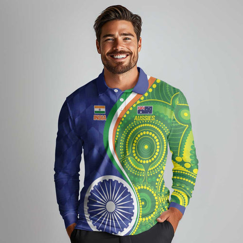 India Vs Australian Cricket Custom Long Sleeve Polo Shirt Ashoka Chakra and Aboriginal Together