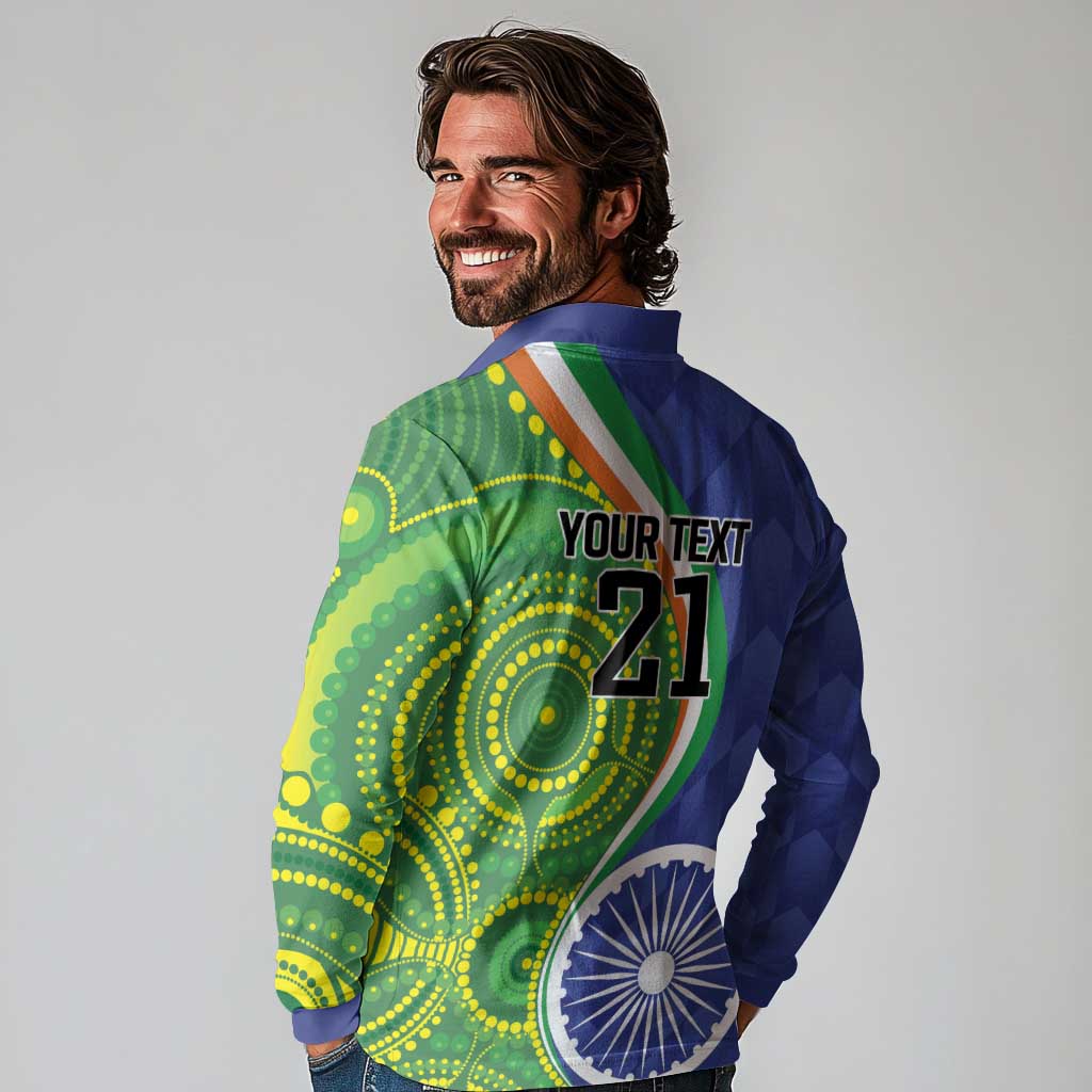 India Vs Australian Cricket Custom Long Sleeve Polo Shirt Ashoka Chakra and Aboriginal Together