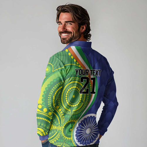 India Vs Australian Cricket Custom Long Sleeve Polo Shirt Ashoka Chakra and Aboriginal Together