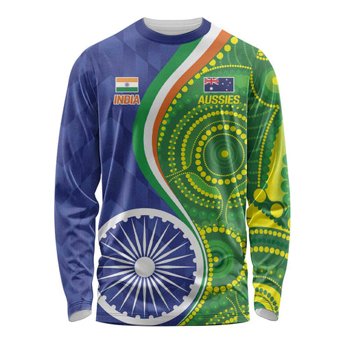 India Vs Australian Cricket Custom Long Sleeve Shirt Ashoka Chakra and Aboriginal Together