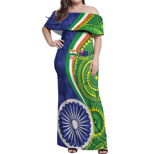 India Vs Australian Cricket Custom Off Shoulder Maxi Dress Ashoka Chakra and Aboriginal Together