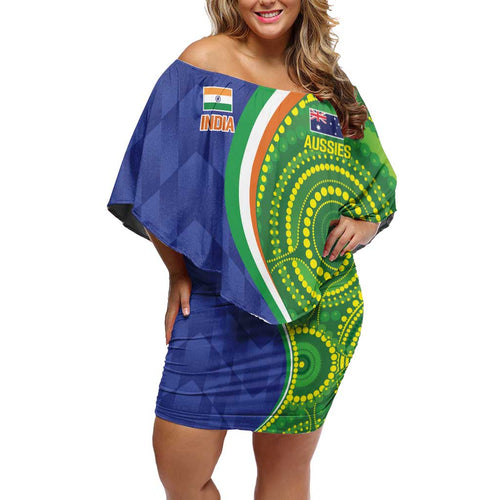 India Vs Australian Cricket Custom Off Shoulder Short Dress Ashoka Chakra and Aboriginal Together