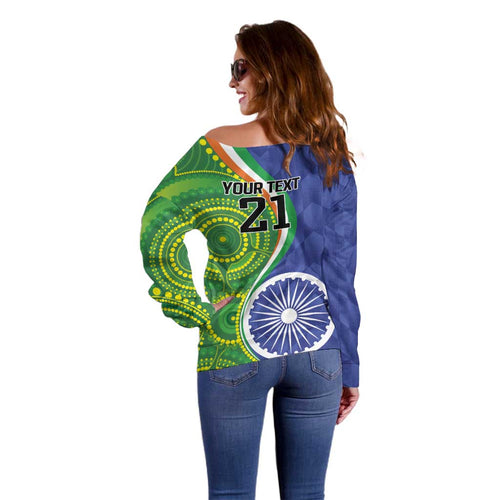 India Vs Australian Cricket Custom Off Shoulder Sweater Ashoka Chakra and Aboriginal Together