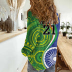 India Vs Australian Cricket Custom Women Casual Shirt Ashoka Chakra and Aboriginal Together