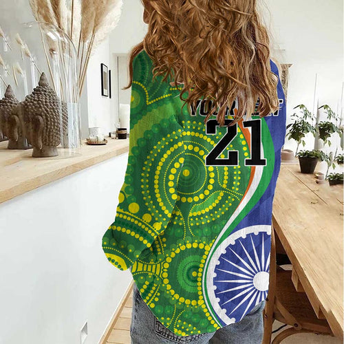 India Vs Australian Cricket Custom Women Casual Shirt Ashoka Chakra and Aboriginal Together