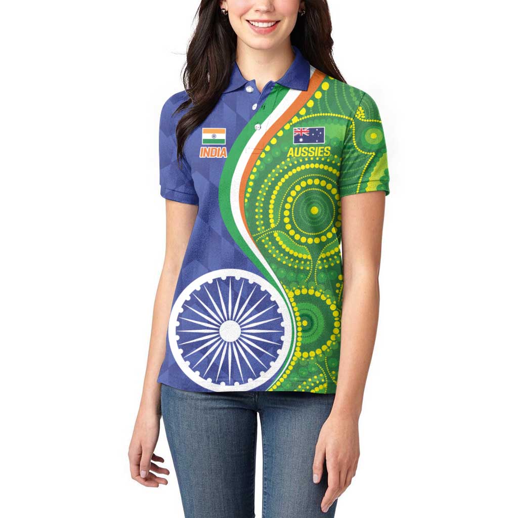 India Vs Australian Cricket Custom Women Polo Shirt Ashoka Chakra and Aboriginal Together