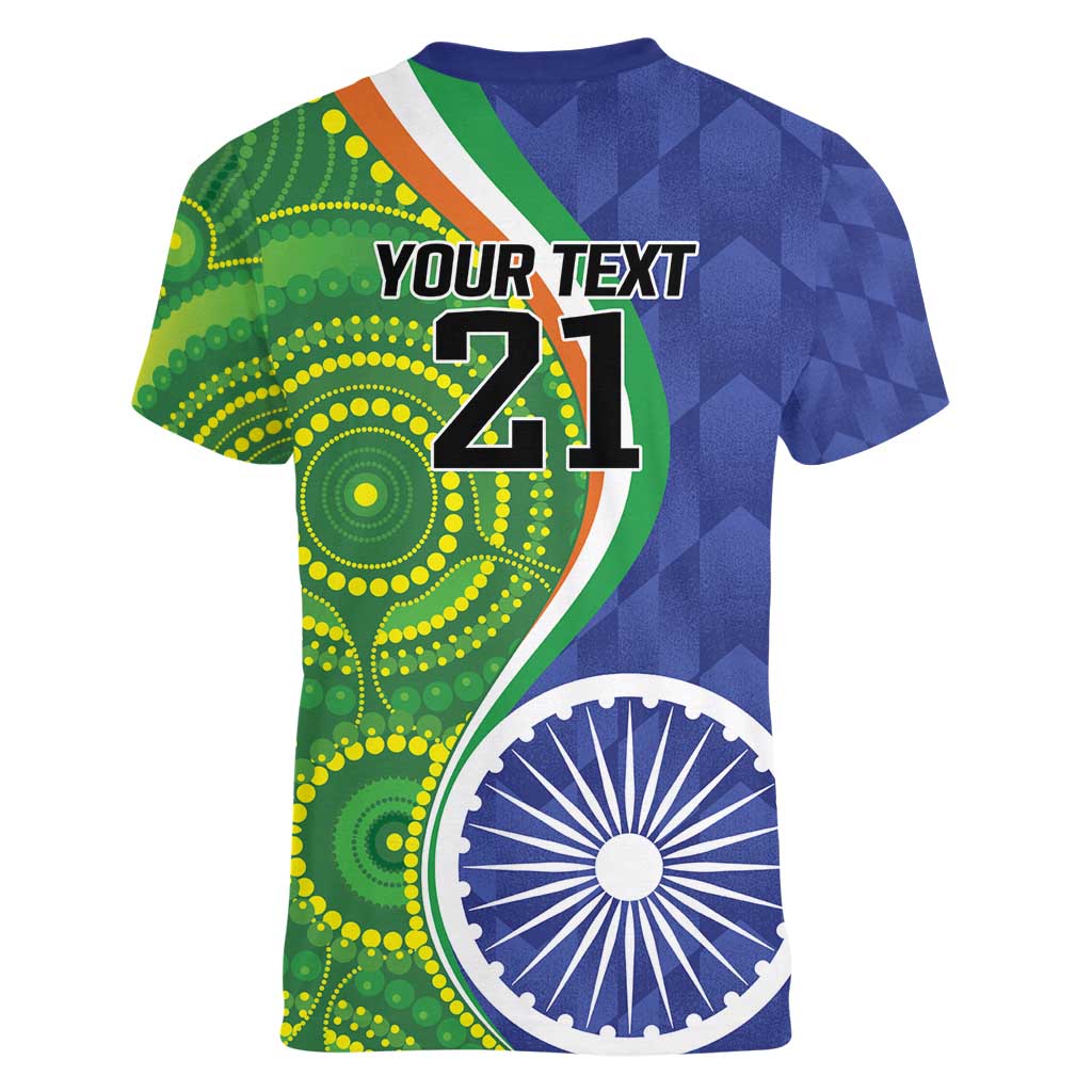 India Vs Australian Cricket Custom Women V-Neck T-Shirt Ashoka Chakra and Aboriginal Together