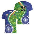 India Vs Australian Cricket Custom Women V-Neck T-Shirt Ashoka Chakra and Aboriginal Together