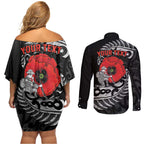 ANZAC Day Aotearoa Silver Fern Maori Personalised Couples Matching Off Shoulder Short Dress and Long Sleeve Button Shirt