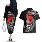 ANZAC Day Aotearoa Silver Fern Maori Personalised Couples Matching Off The Shoulder Long Sleeve Dress and Hawaiian Shirt