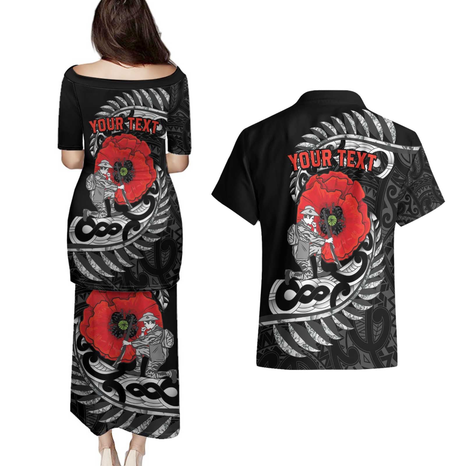 ANZAC Day Aotearoa Silver Fern Maori Personalised Couples Matching Puletasi and Hawaiian Shirt